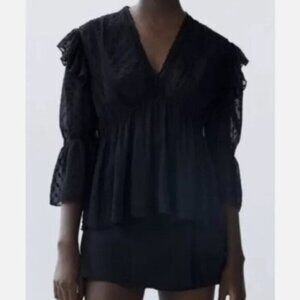 Zara Swiss Dot Ruffled Blouse, Size XS